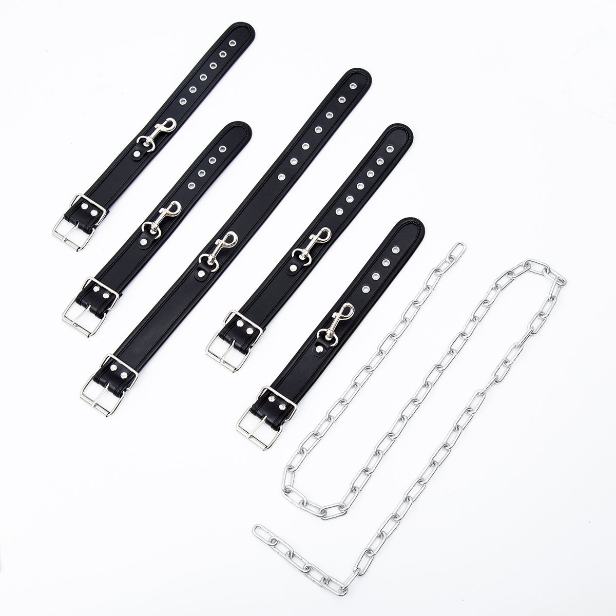 Juego de collar, esposas y tobilleras que incluye 1 metro de cadena en negro/plata.