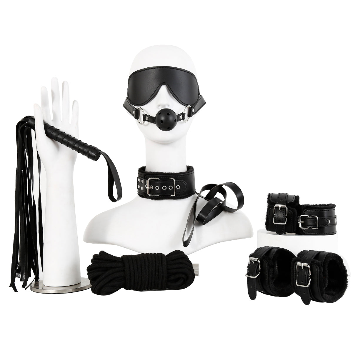 Classic Beginner's Set 7 Teile  (fur cuffs,ball gag,whip,collar,eye mask,10 M rope)